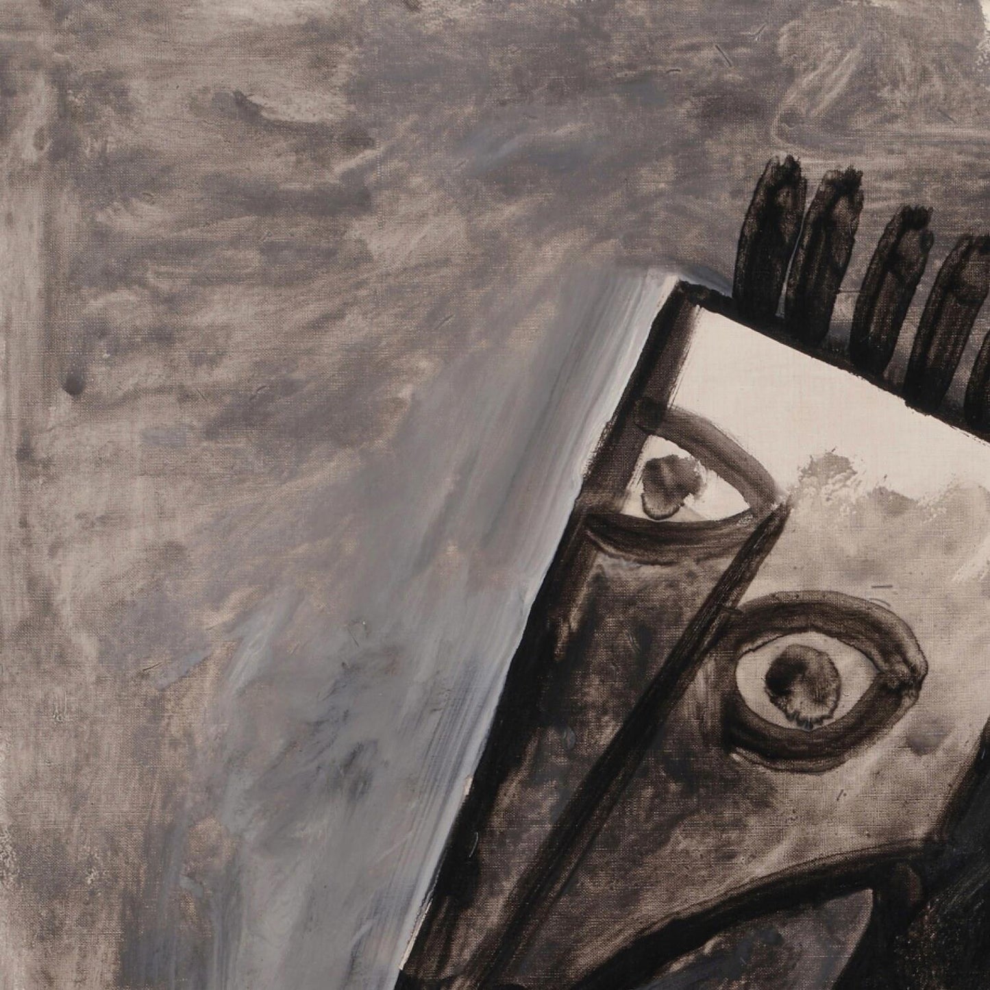 Abstract artwork with a face-like figure and textured background