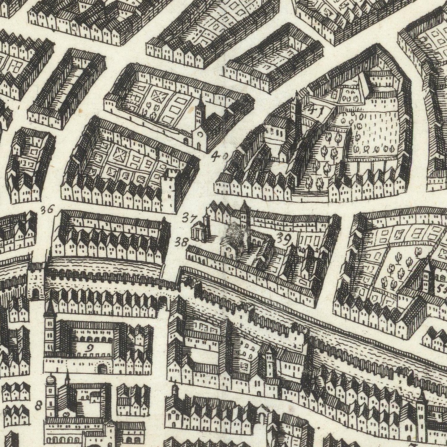 Vintage map detail of a city layout with buildings and streets