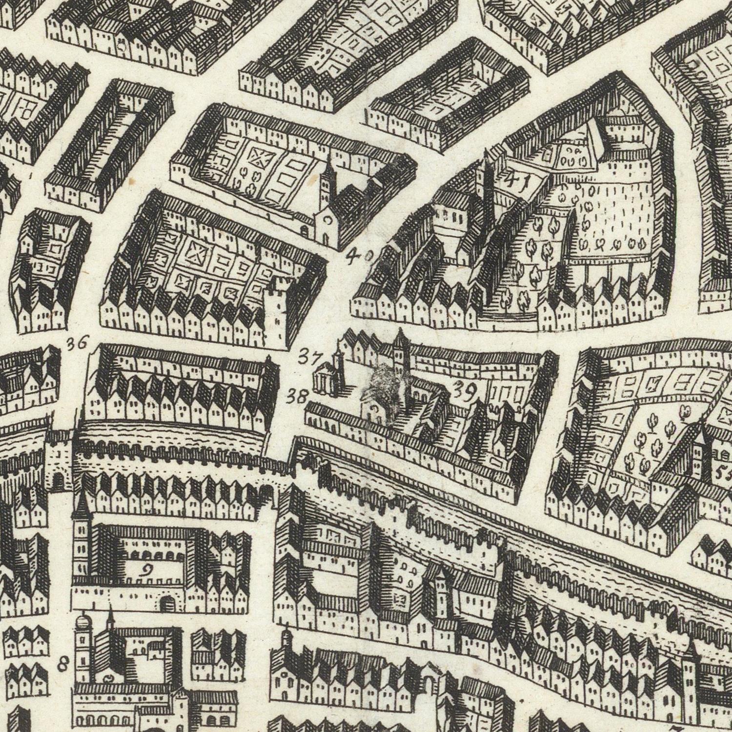 Vintage map detail of a city layout with buildings and streets