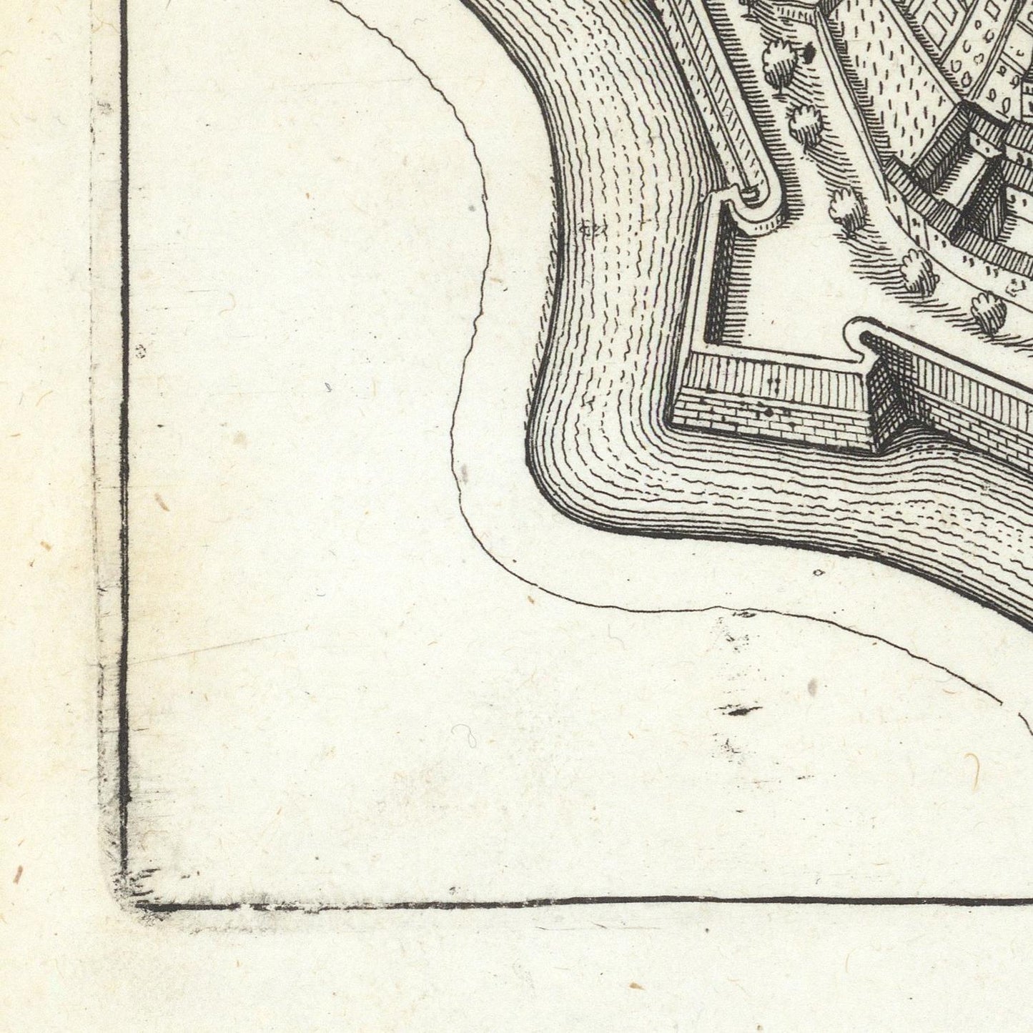 Vintage black and white architectural drawing of a fortification