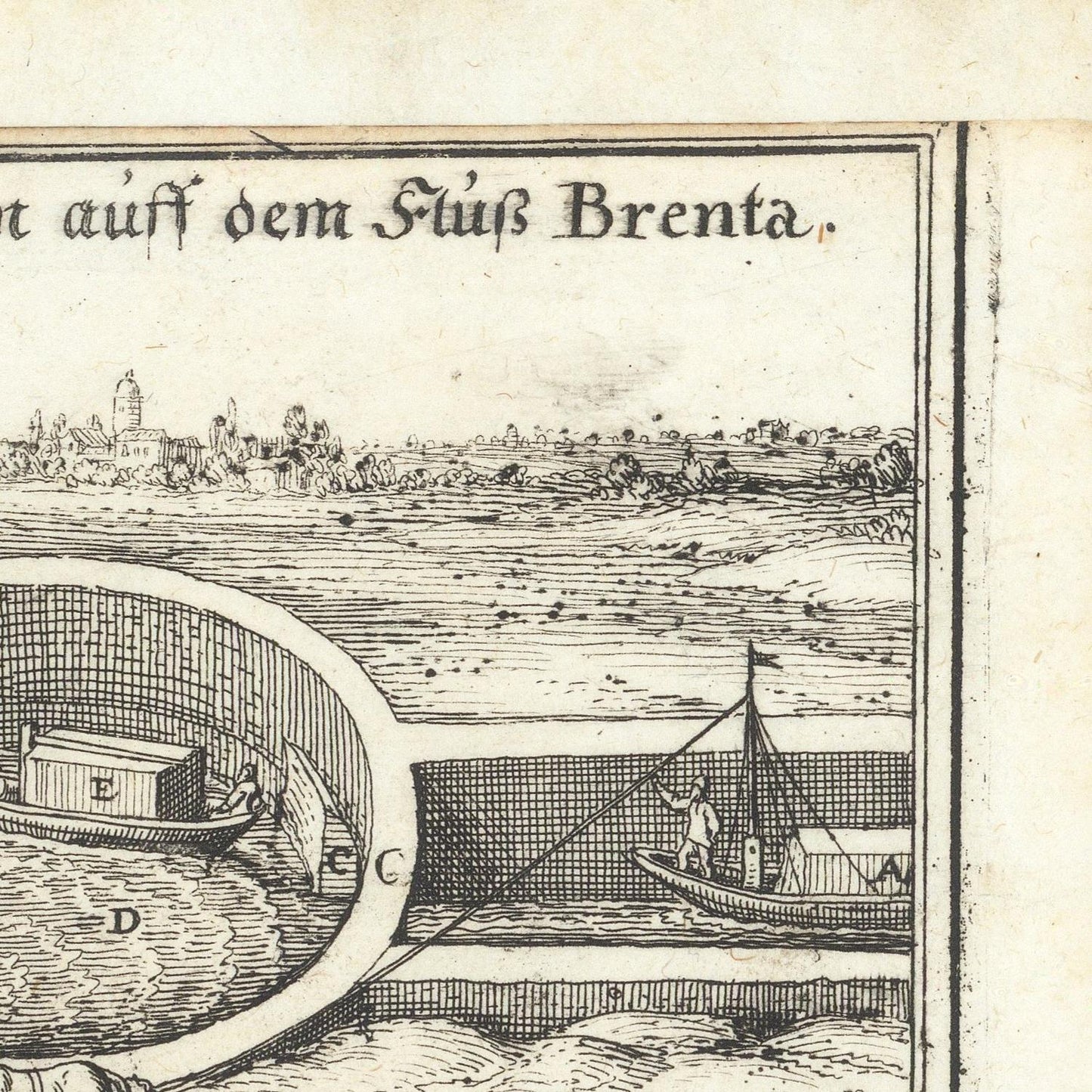 Vintage illustration of a river scene with boats and text on a plain background