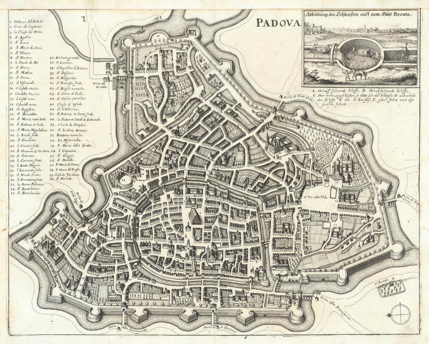 Vintage map of Padua with detailed street layout and inset illustrations