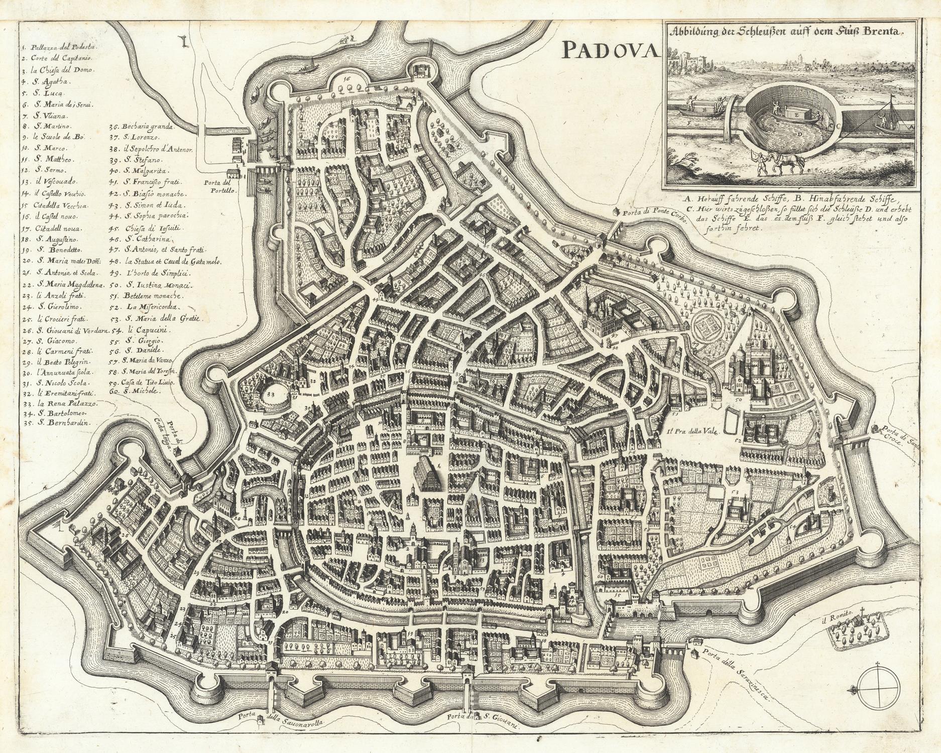 Vintage map of Padua with detailed street layout and inset illustrations