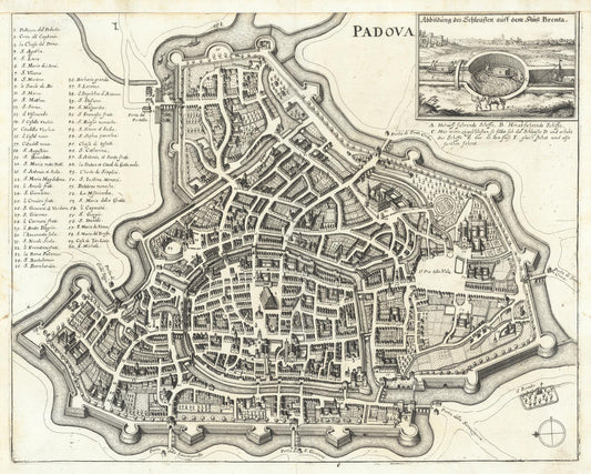 Vintage map of Padua with detailed street layout and inset illustrations