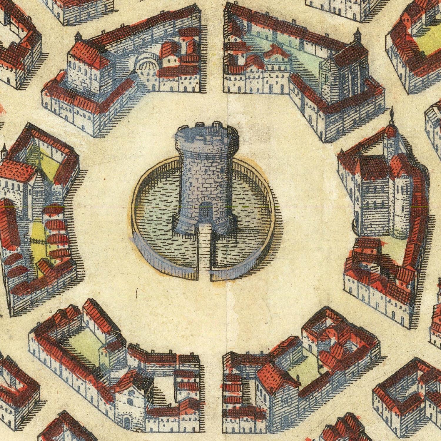 Vintage illustration of a fortified tower with surrounding buildings on a beige background