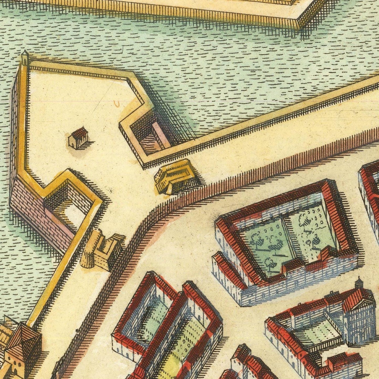 Vintage map of a coastal area with buildings and water