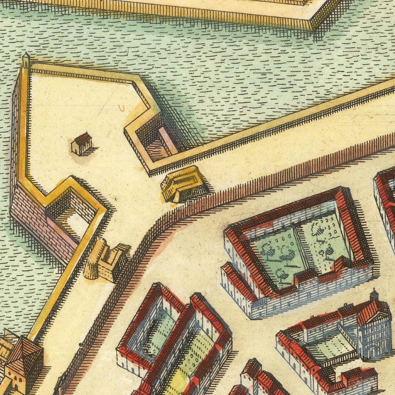 Vintage map of a coastal area with buildings and water