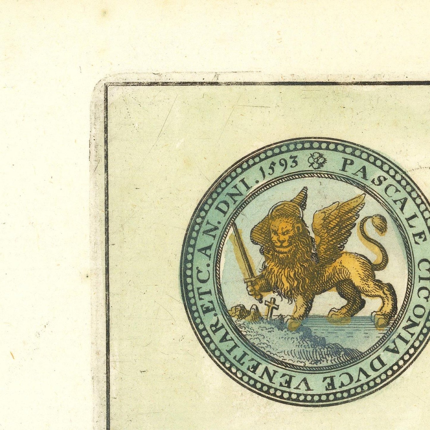Decorative emblem with a winged lion holding a sword and cross, on a textured beige background.
