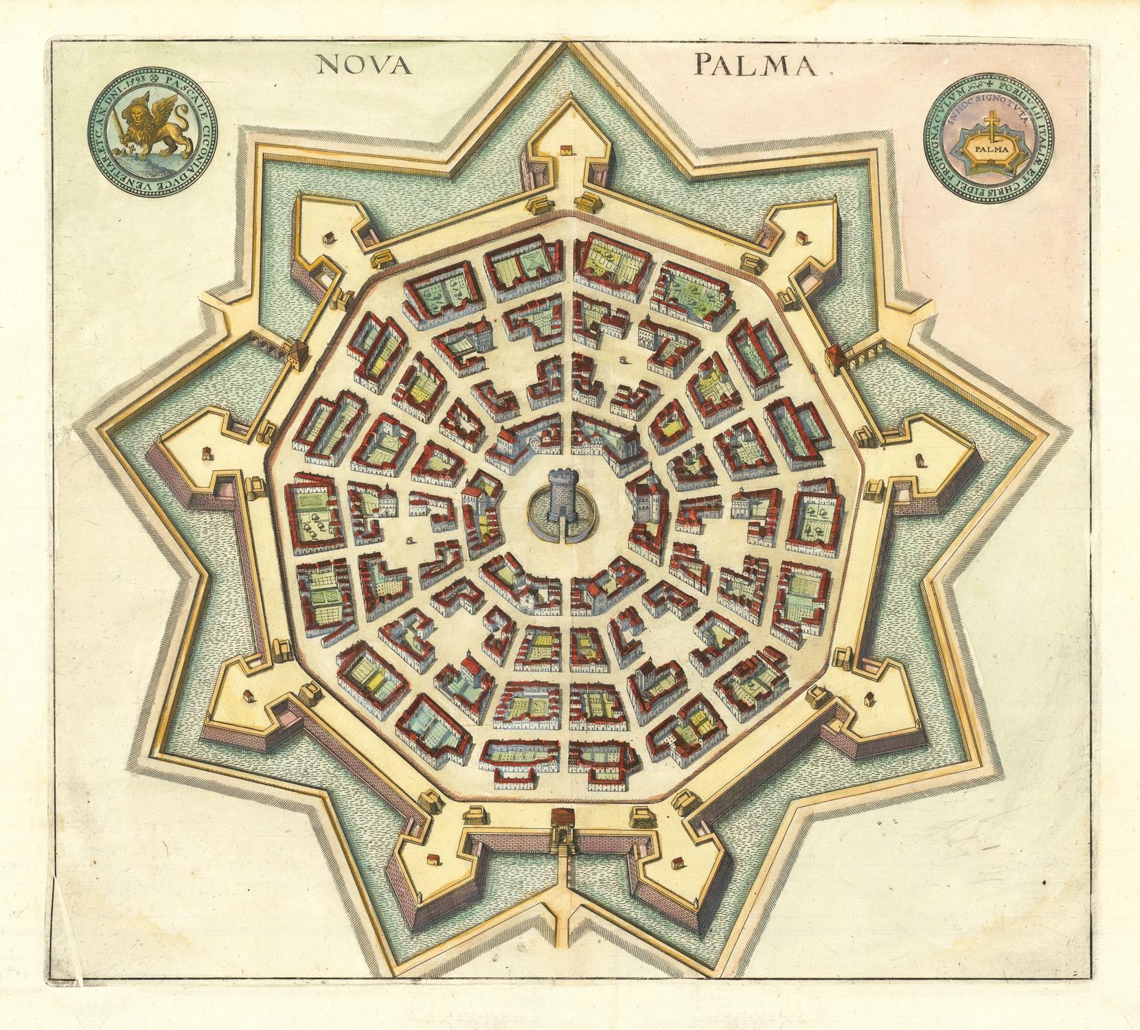 Vintage map of a fortified city layout labeled 'Nova Palma'