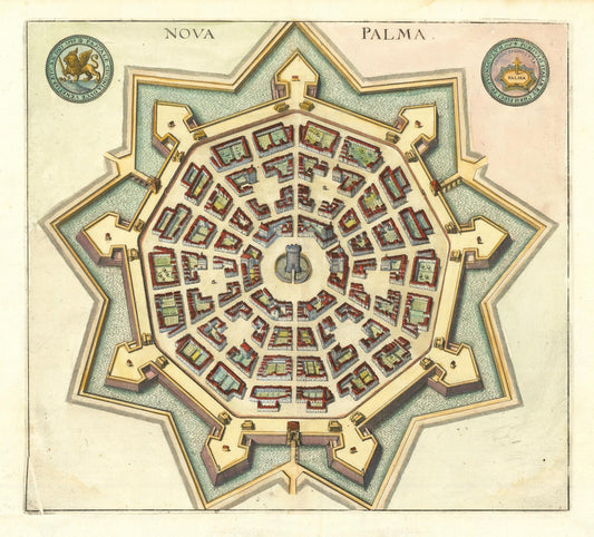Vintage map of a fortified city layout labeled 'Nova Palma'