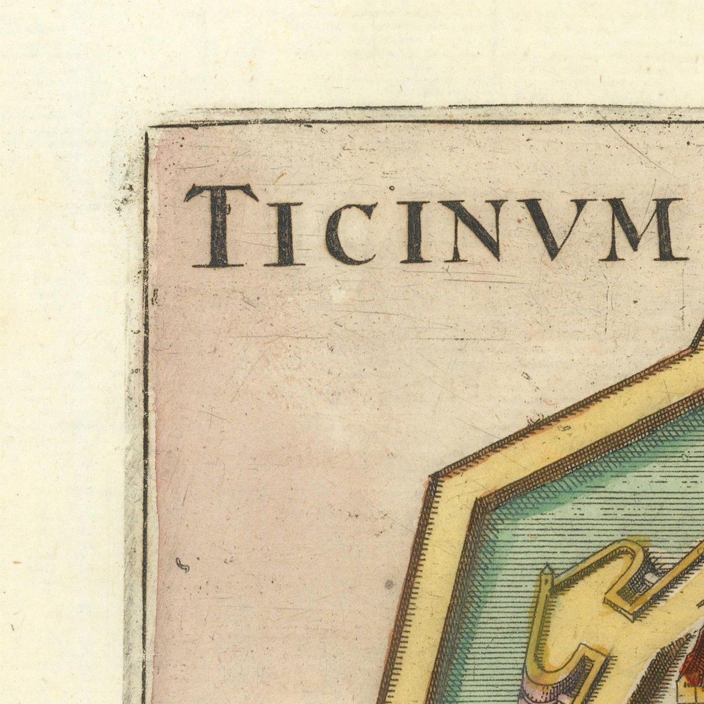 Vintage map detail with 'TICINUM' text on a beige background