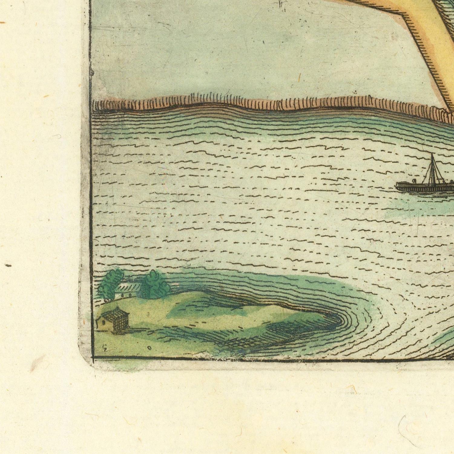 Vintage illustration of a landscape with water, land, and a boat.