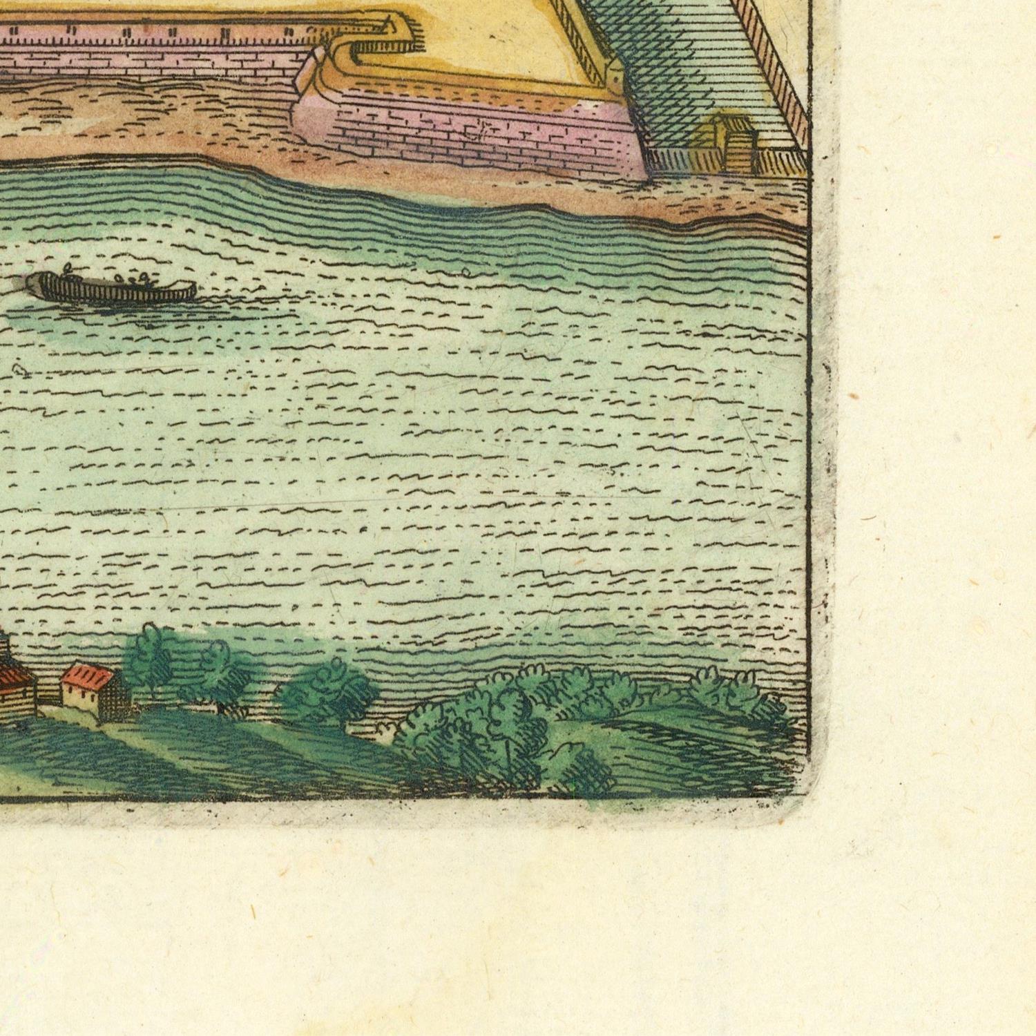 Vintage illustration of a landscape with water, boats, and greenery