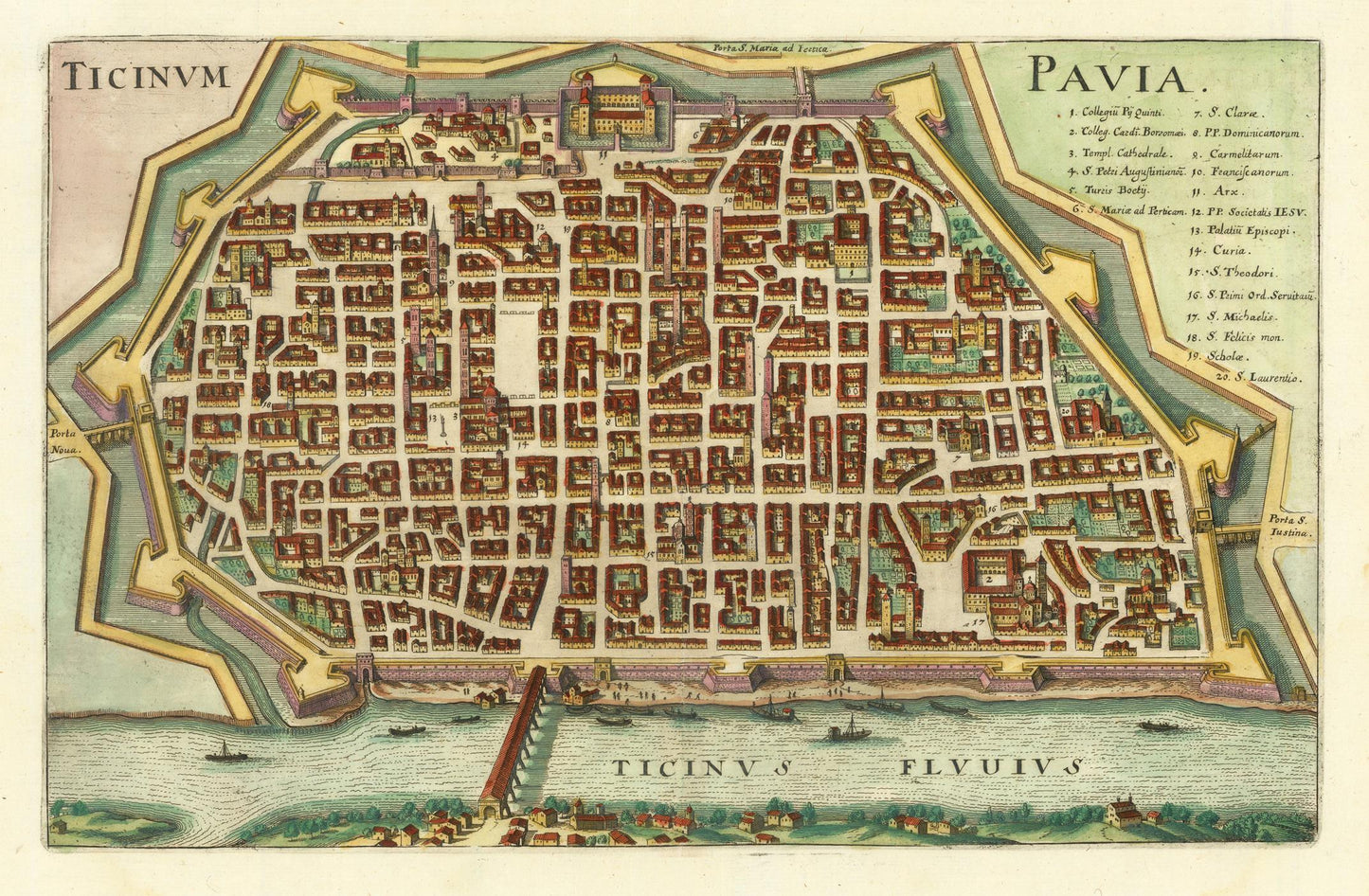 Vintage map of Pavia with detailed layout and surrounding area.