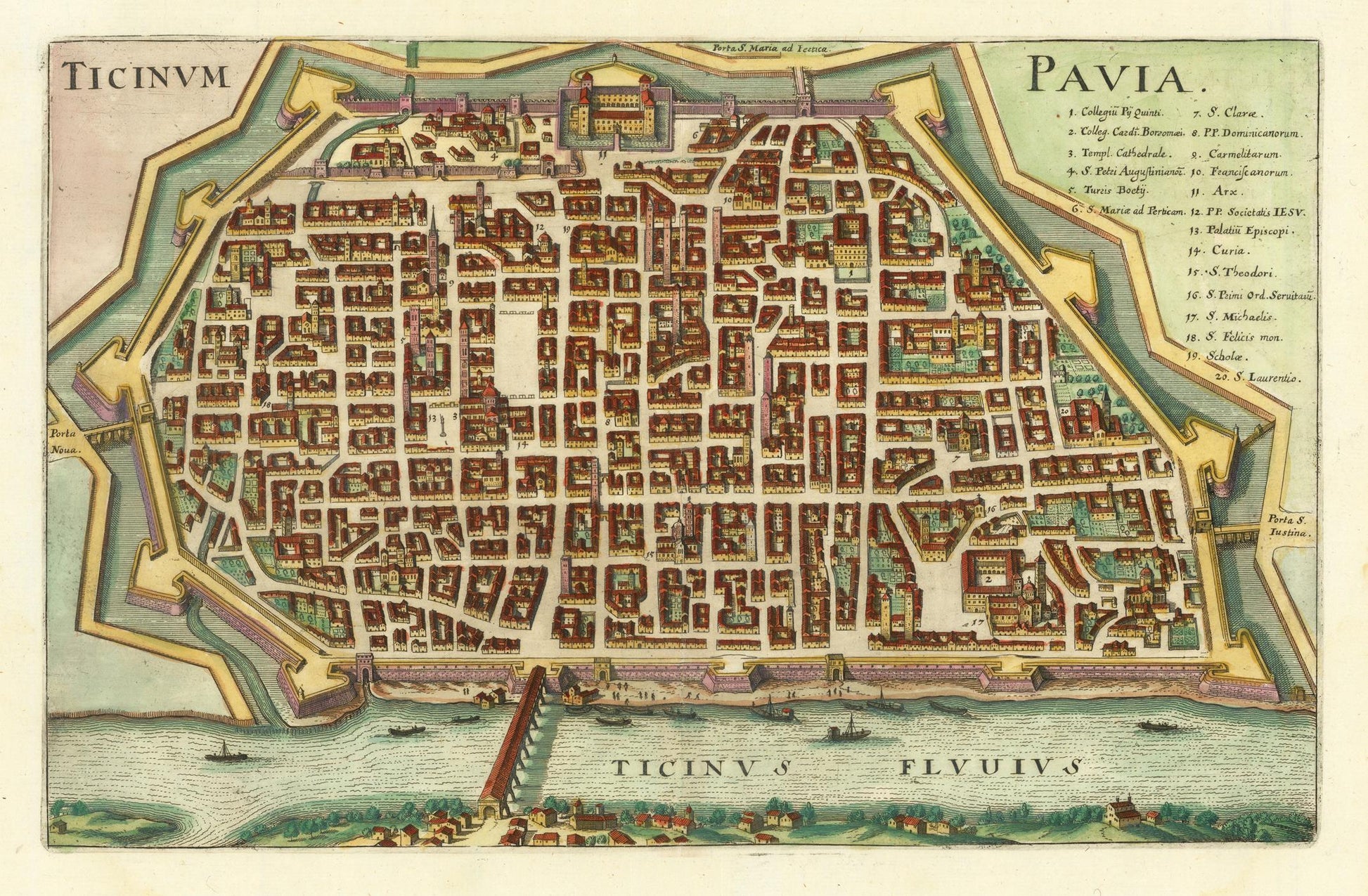 Vintage map of Pavia with detailed layout and surrounding area.
