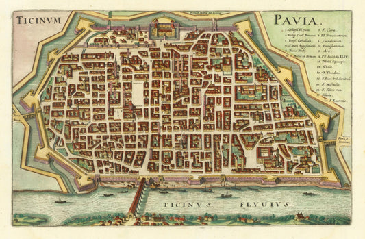 Vintage map of Pavia with detailed layout and surrounding area.