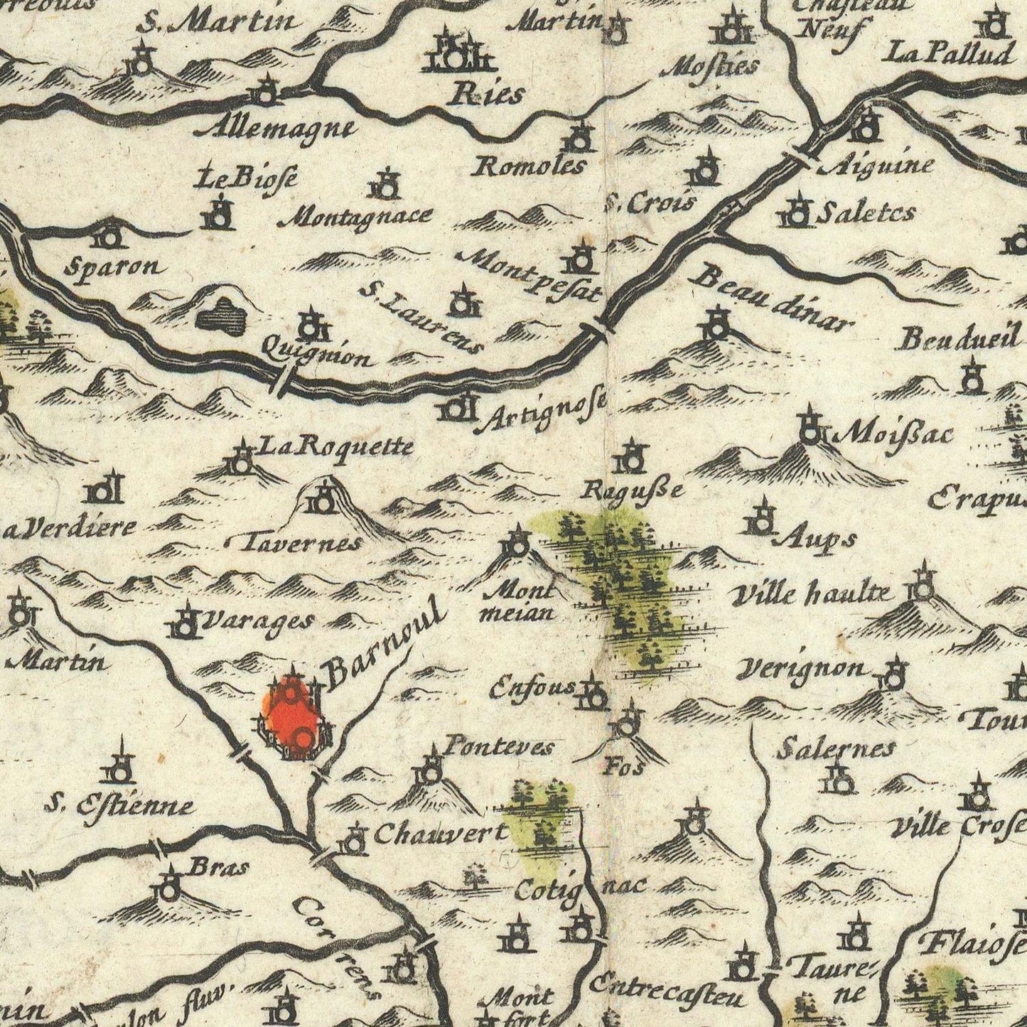 Vintage map with labeled places and geographical features