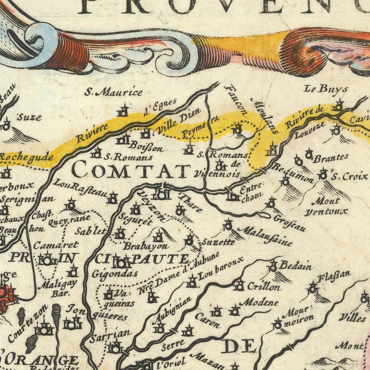 Vintage map of Provence with detailed labels and decorative elements