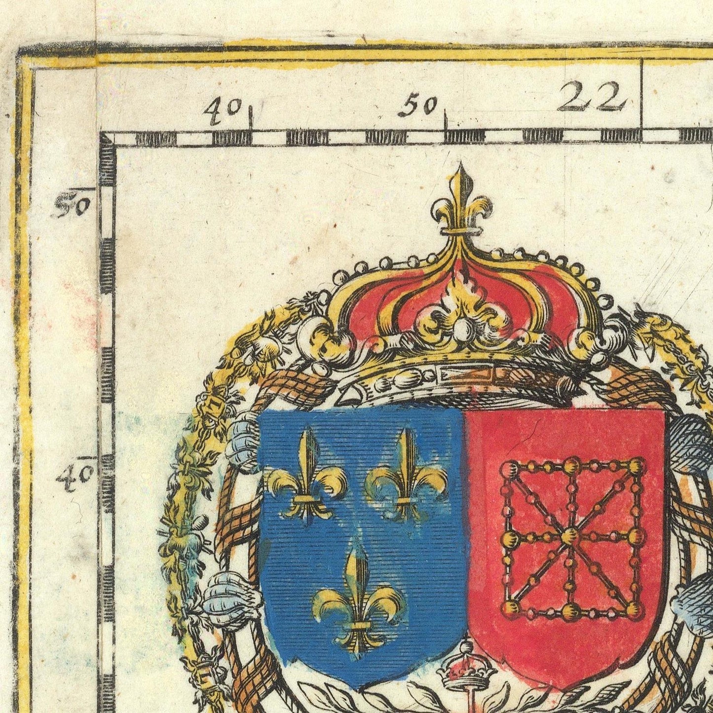 Coat of arms with blue and red shields and gold fleur-de-lis on a decorative background.