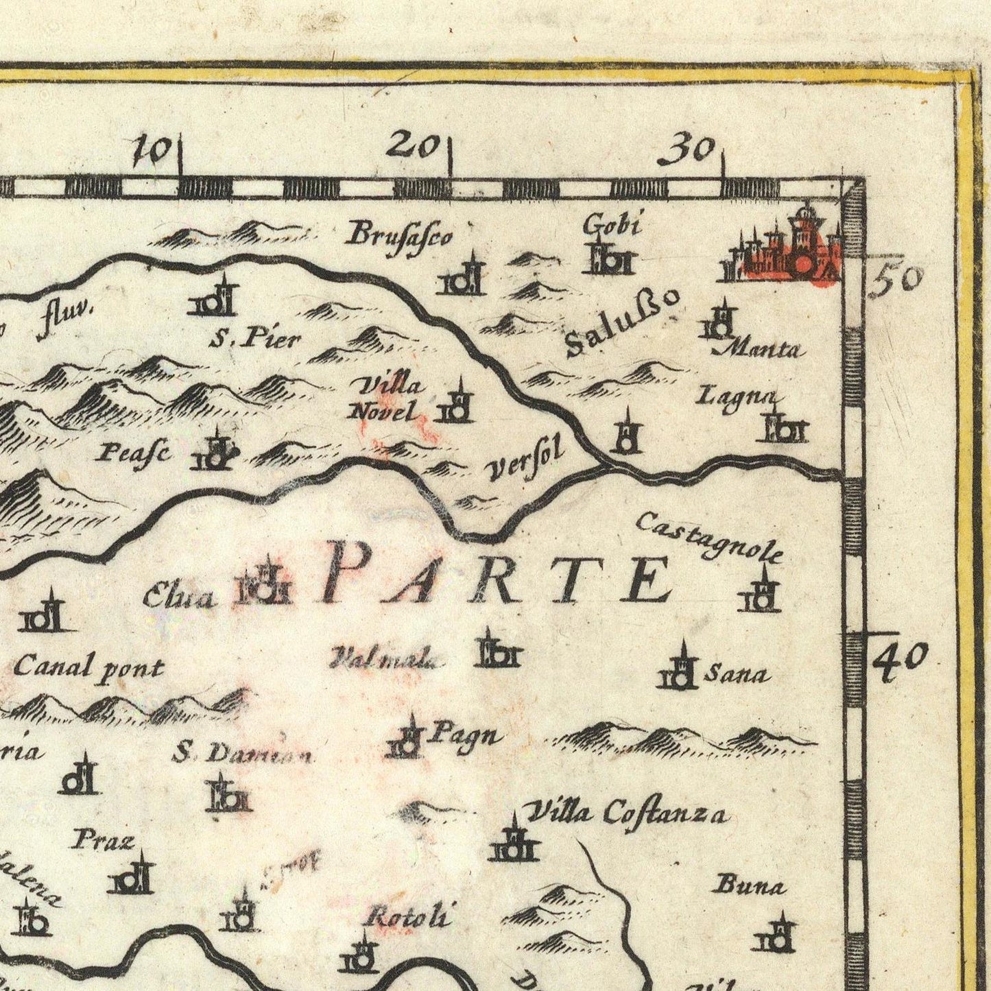 Vintage map with labeled geographical features and distances
