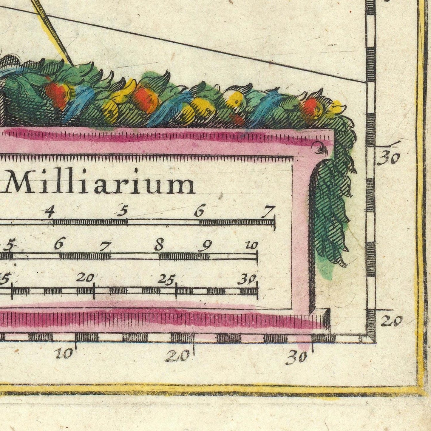 Decorative milliarium with floral elements and measurement markings on a vintage map.