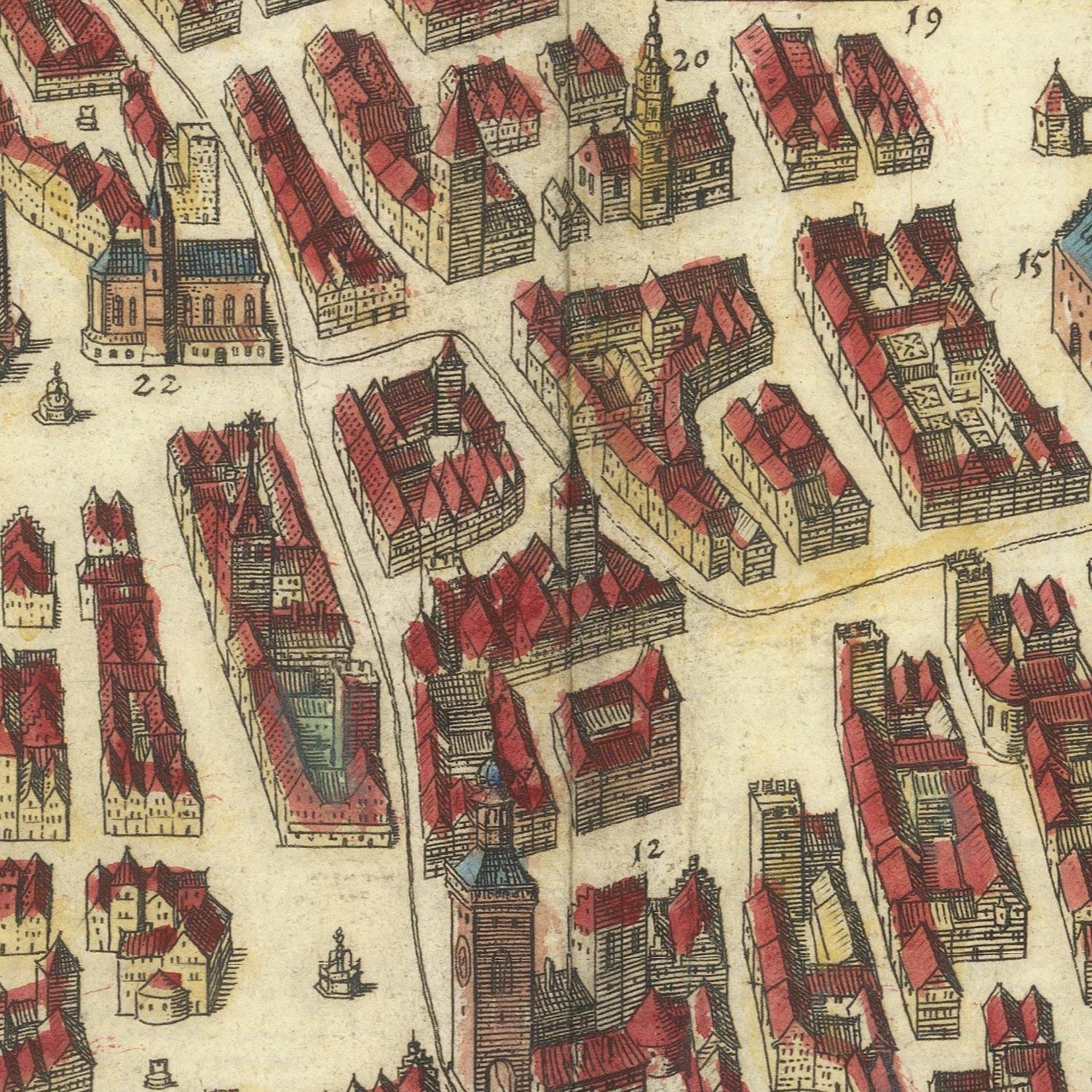 Vintage map of a city with red-roofed buildings and numbered streets