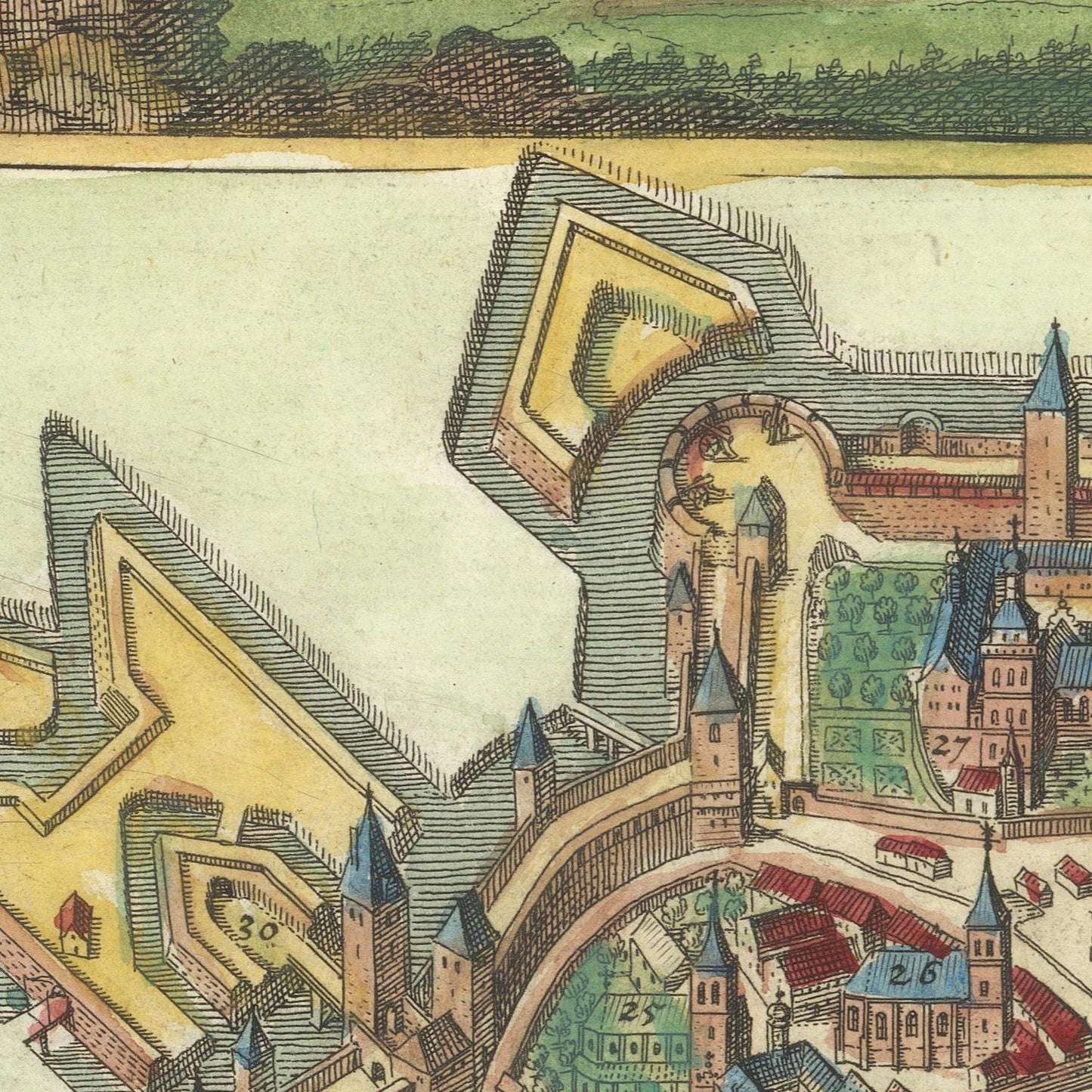 Vintage illustration of a fortified city with towers and walls
