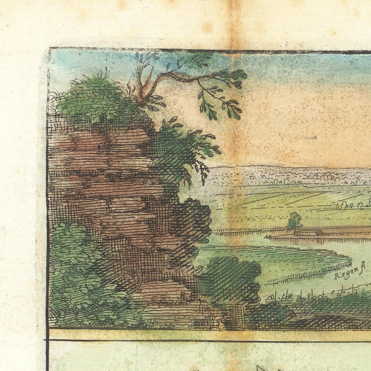 Vintage illustration of a landscape with trees and a river on a textured paper background