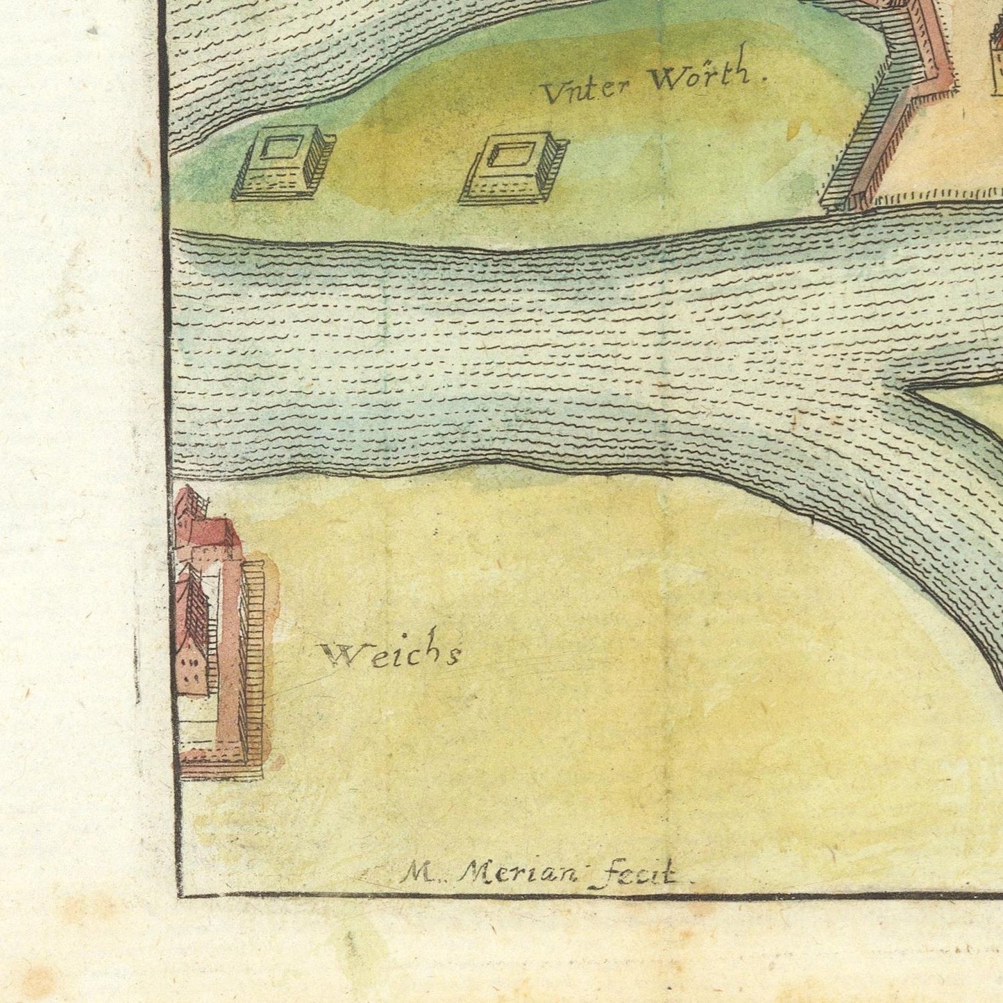 Vintage map with labeled locations and a river