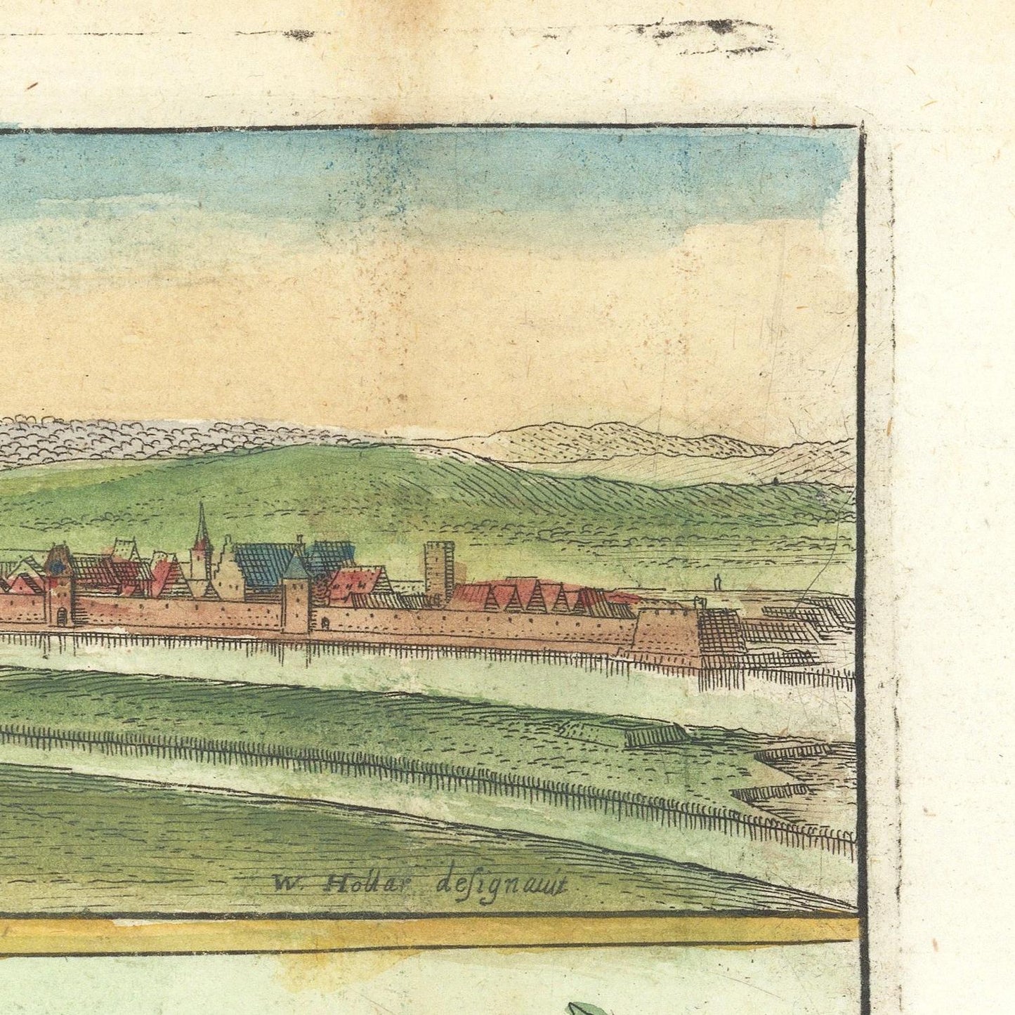 Vintage illustration of a town by a river with green fields and blue sky.