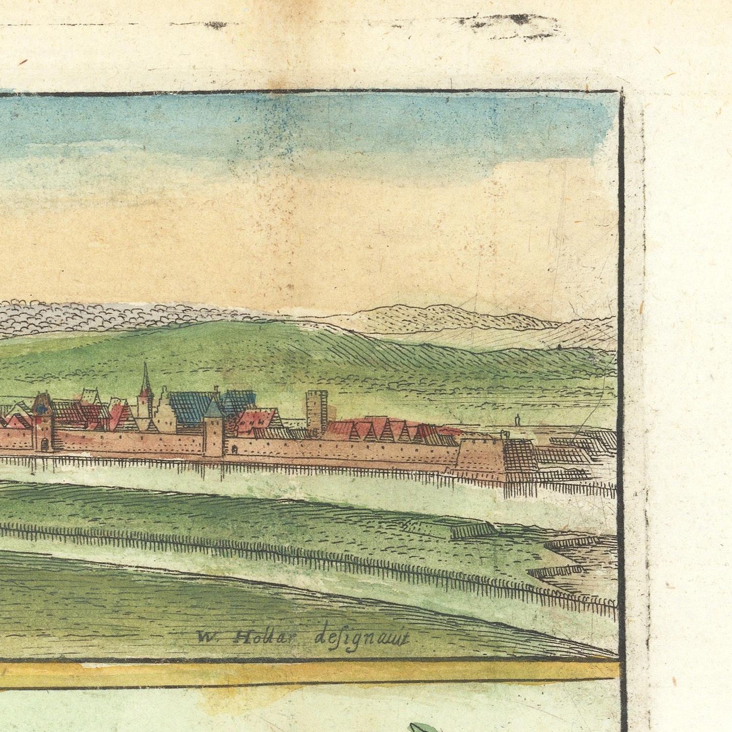 Vintage illustration of a town by a river with green fields and blue sky.