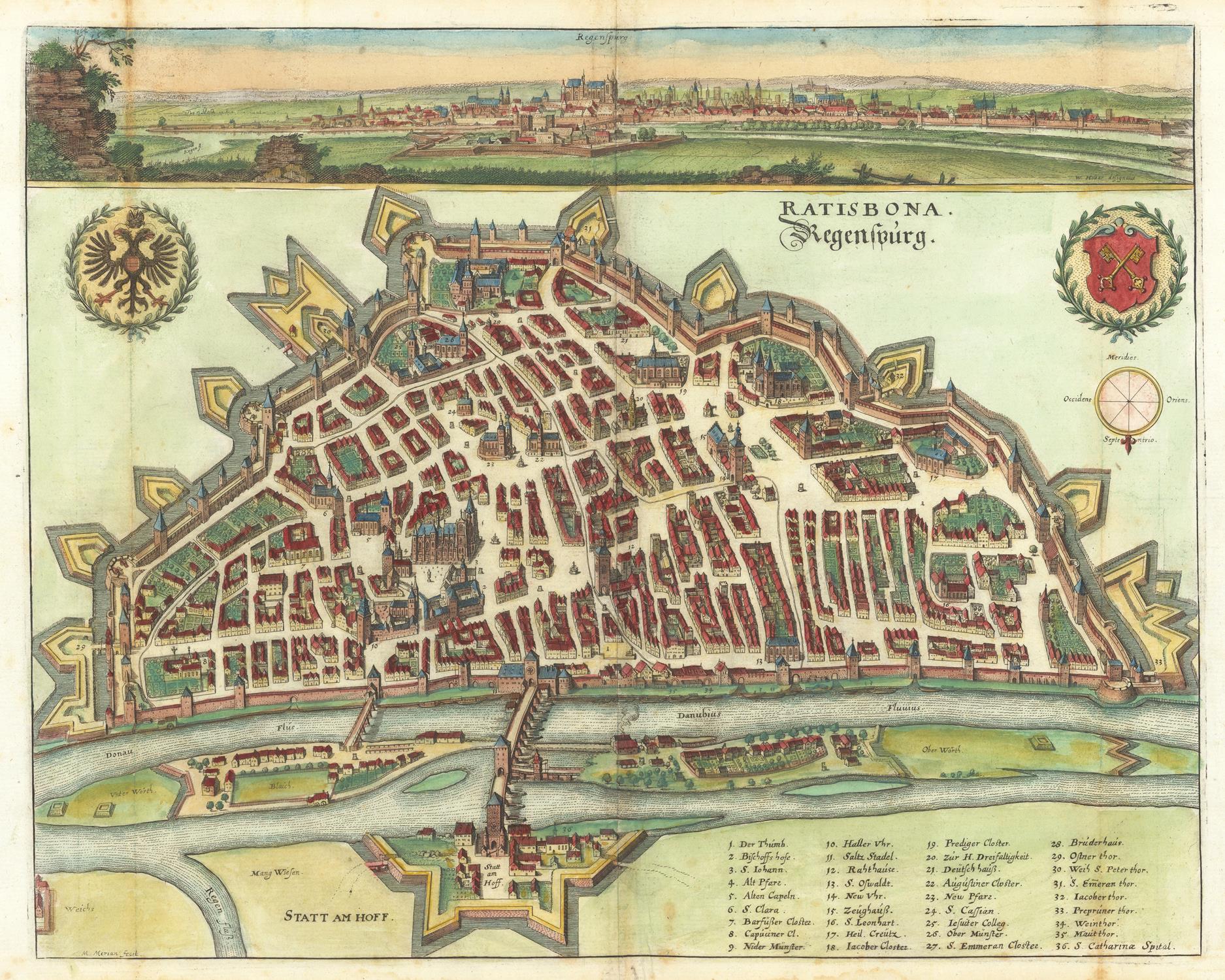 Vintage map of Regensburg with detailed layout and landmarks