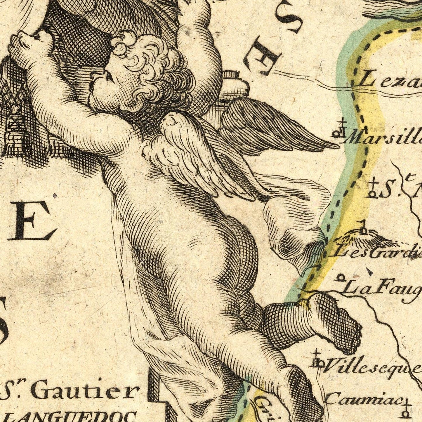 Vintage map with an angelic figure holding a banner