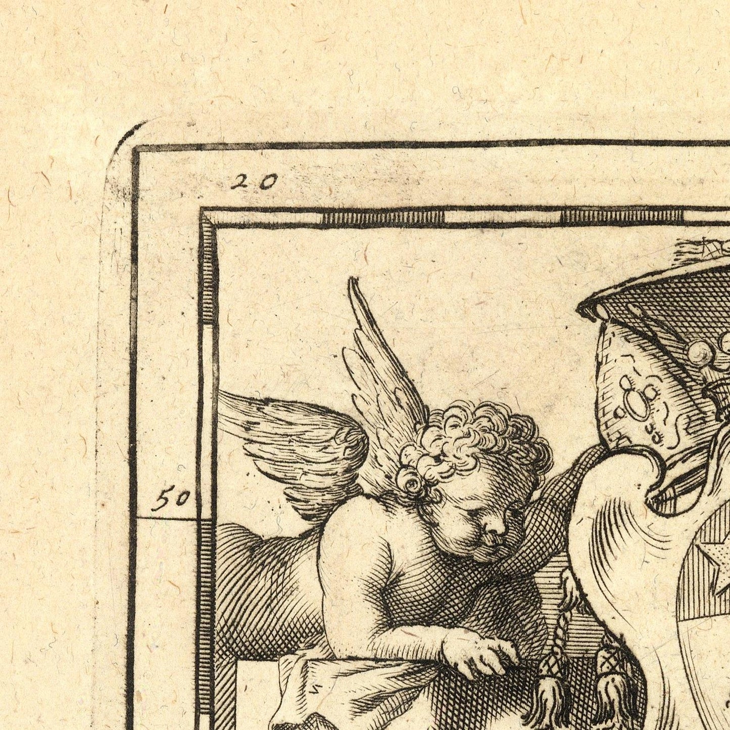 Vintage illustration of an angel with armor on a textured beige background