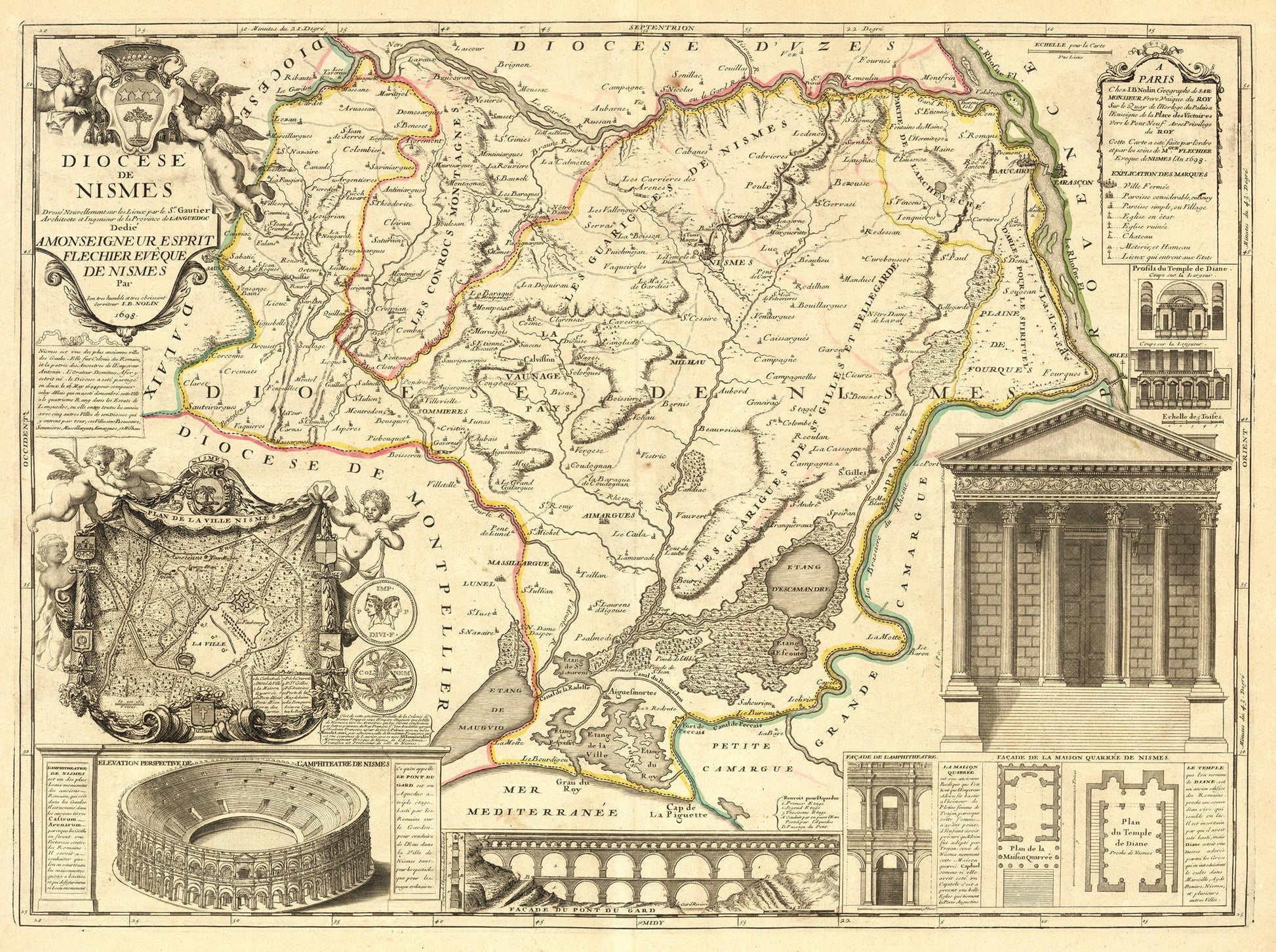 Vintage map of a diocese with architectural illustrations