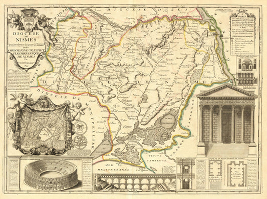 Vintage map of a diocese with architectural illustrations