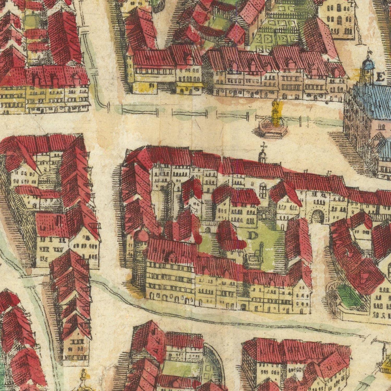 Vintage map of a city with red-roofed buildings and a central square.