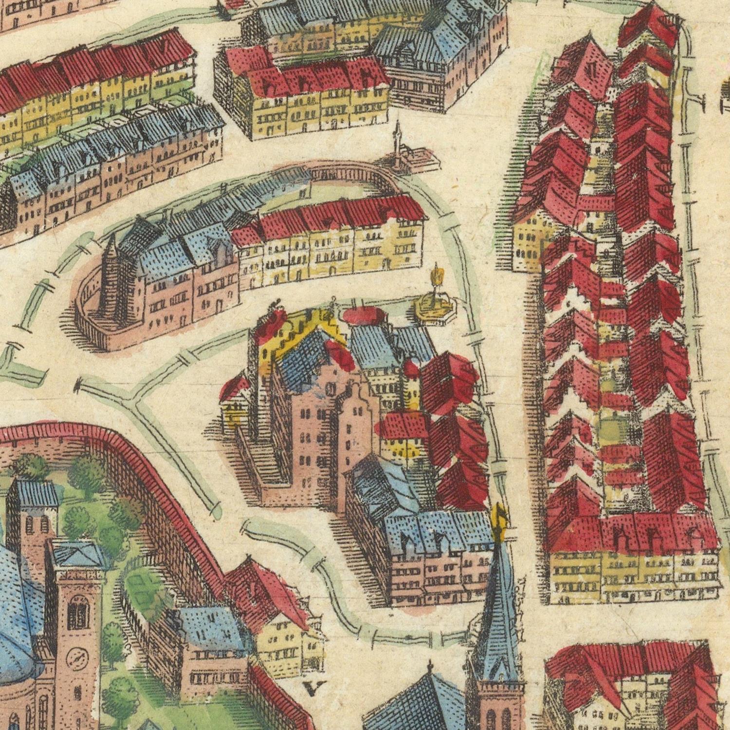Vintage map of a city with detailed buildings and streets