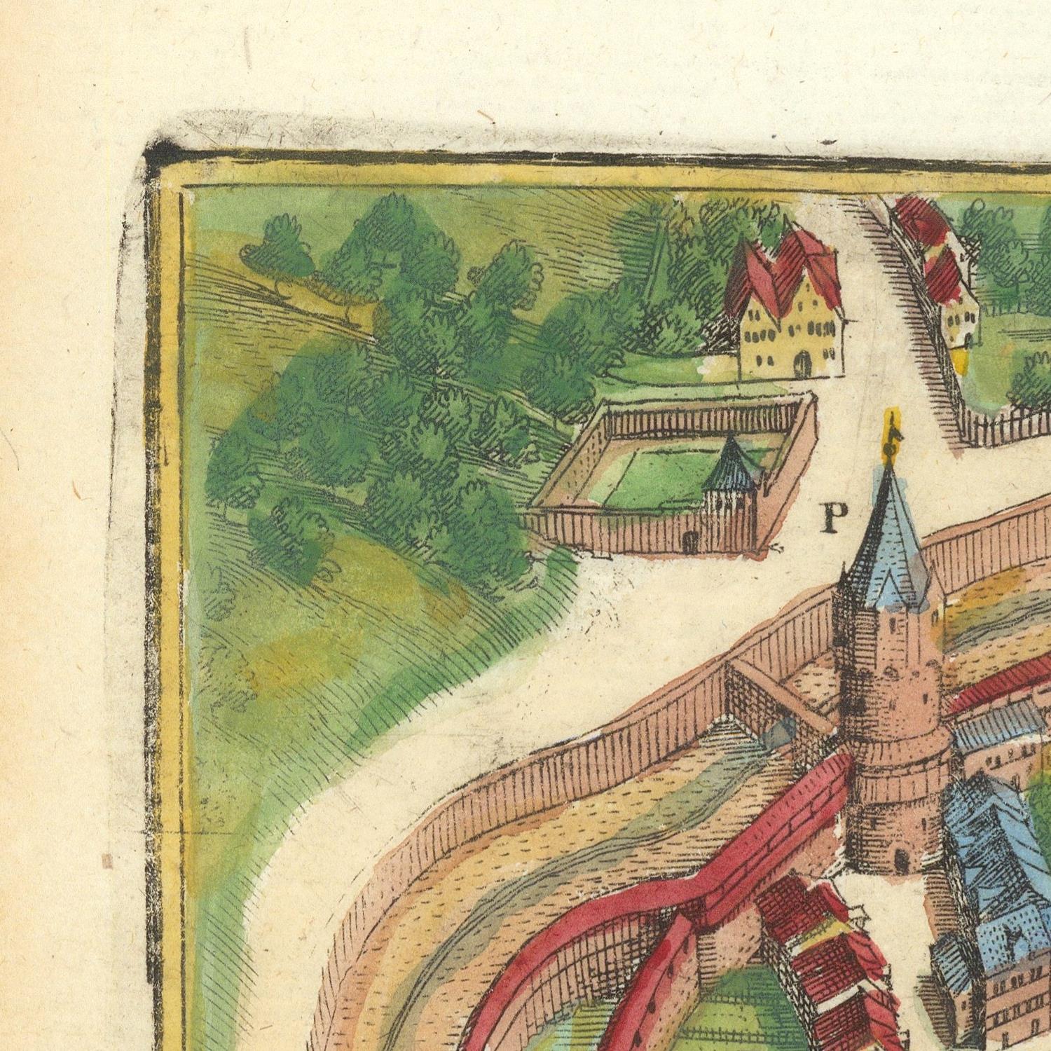 Vintage map or illustration of a town with buildings and greenery