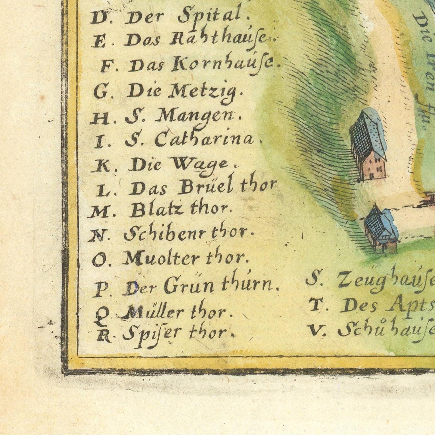 Vintage map detail with labeled locations and buildings