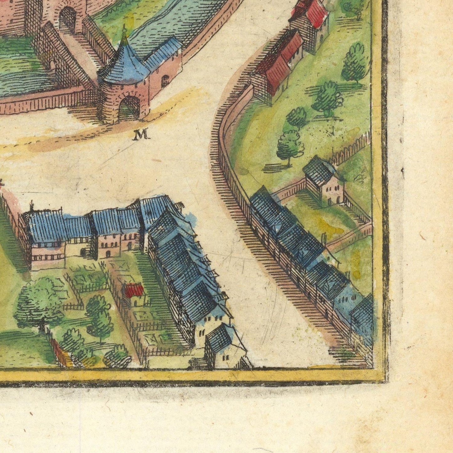 Vintage illustration of a town layout with buildings and roads