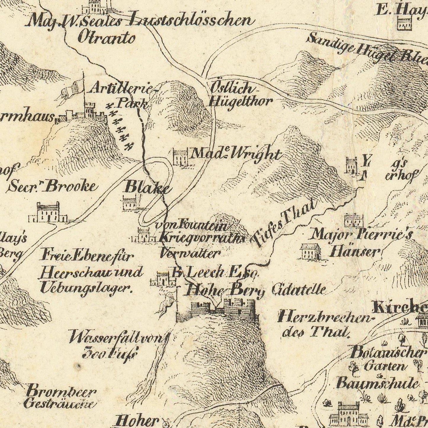 A vintage-style hand-drawn map print showing topographical details, labeled with German place names and illustrations of buildings and mountains.