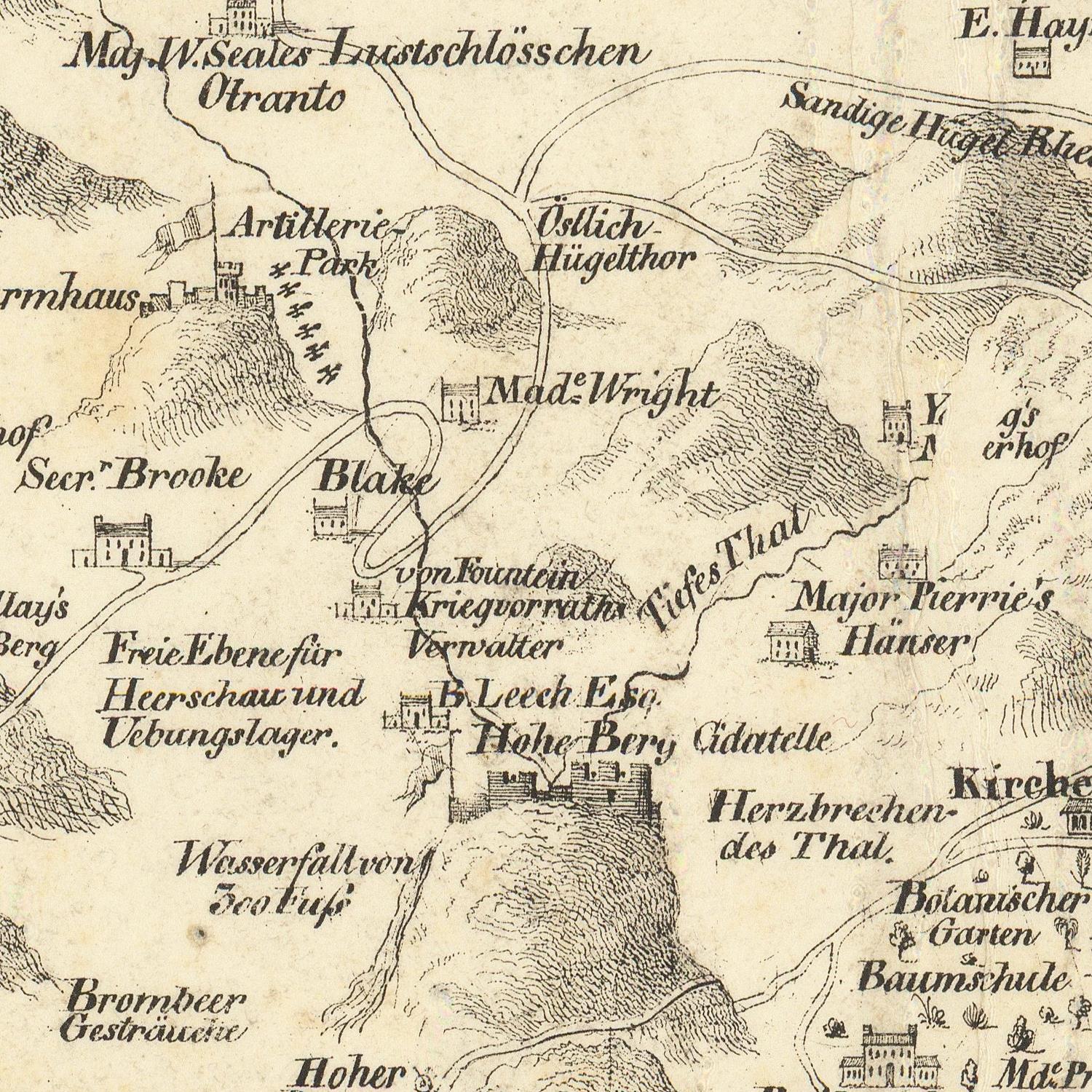 A vintage-style hand-drawn map print showing topographical details, labeled with German place names and illustrations of buildings and mountains.