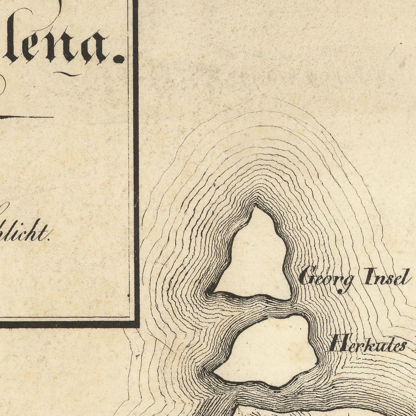 Close-up of an antique map or print showing a topographic island labeled 'Georg Insel' and another label 'Herkates' with decorative old-style typography on aged beige paper.