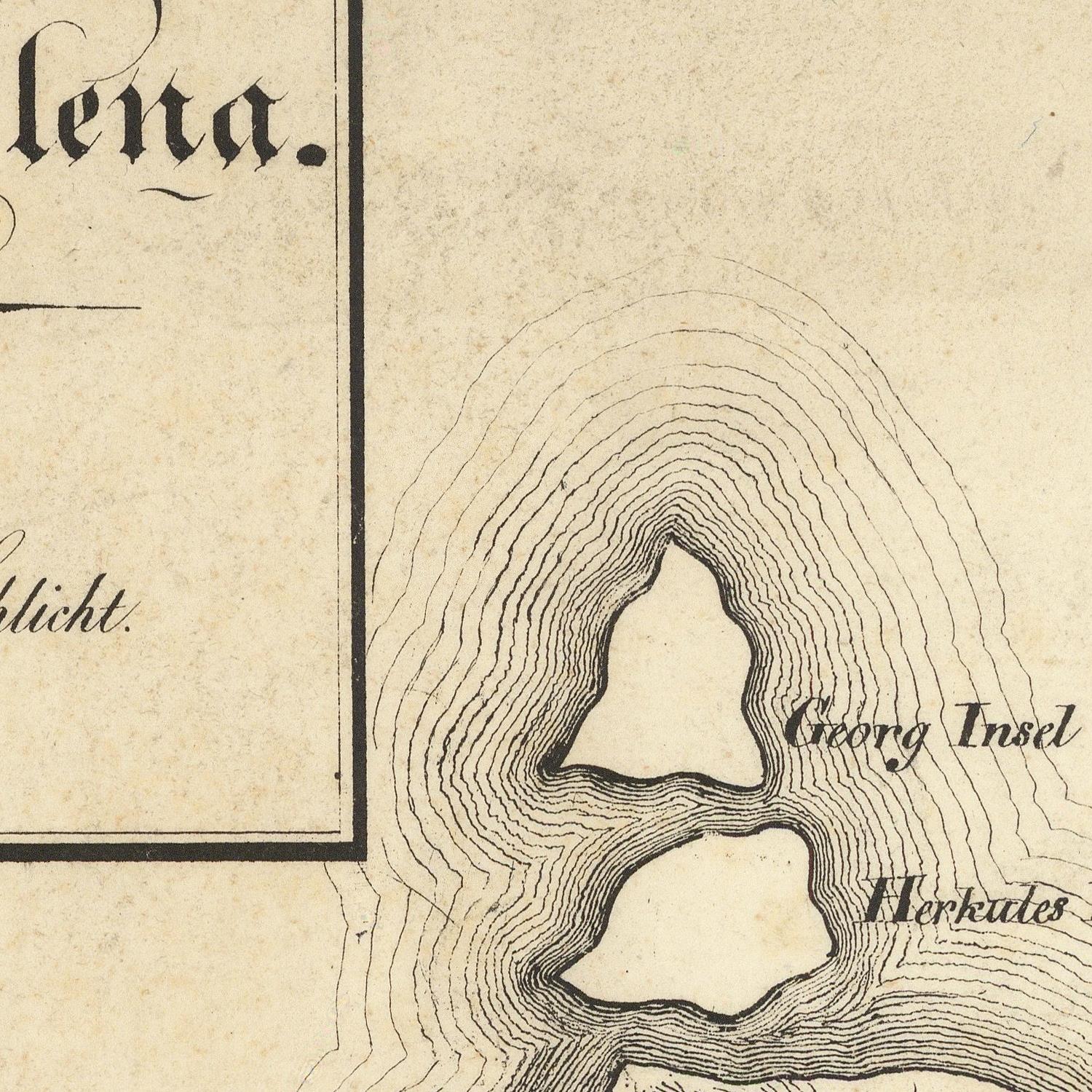 Close-up of an antique map or print showing a topographic island labeled 'Georg Insel' and another label 'Herkates' with decorative old-style typography on aged beige paper.