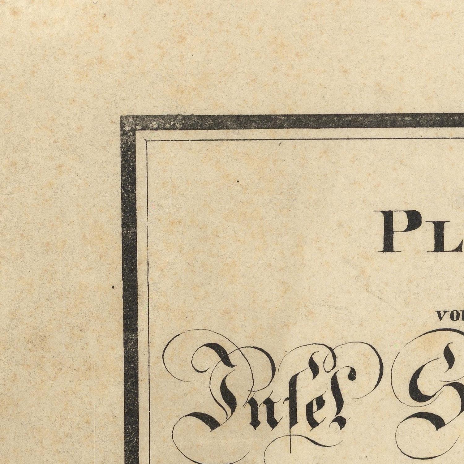 Close-up of a vintage printed page with a beige paper background, a black decorative border, and partial black gothic lettering.