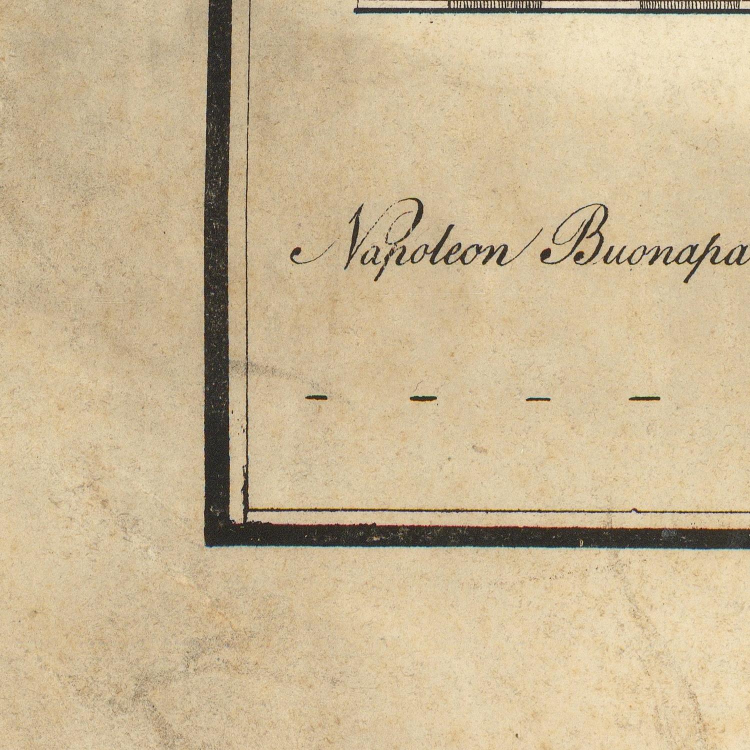 Close-up of an aged beige document or print with black border lines and cursive script reading 'Napoleon Buonaparte'.