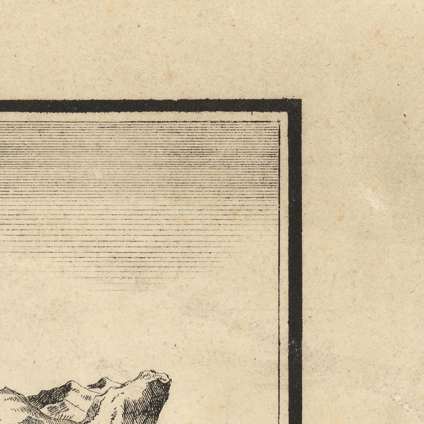 Close-up of a vintage-style print corner showing a black border on aged beige paper with fine horizontal linework and a small sketch-like illustration in the lower left.