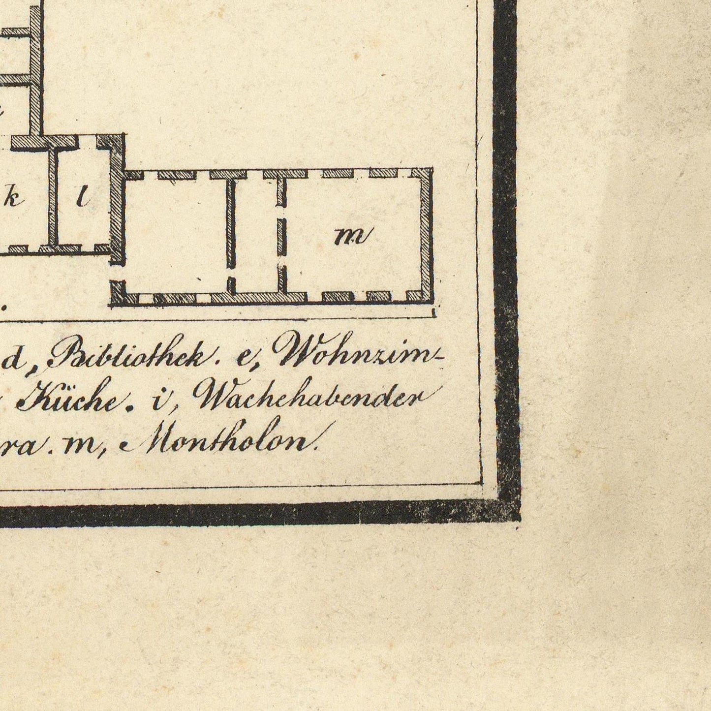 A close-up of a vintage printed architectural plan or map page with black ink drawings and handwritten German labels on aged beige paper.