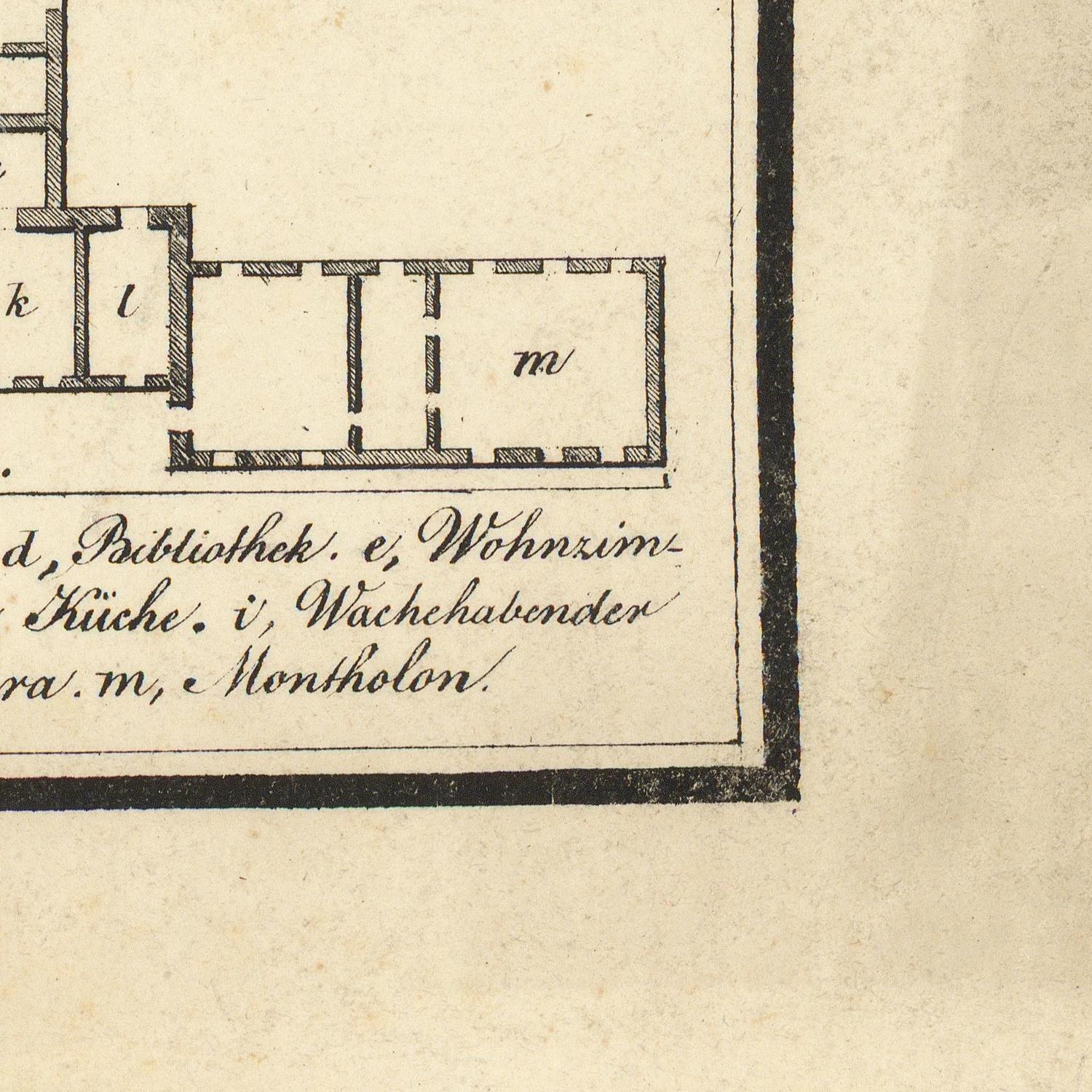 A close-up of a vintage printed architectural plan or map page with black ink drawings and handwritten German labels on aged beige paper.